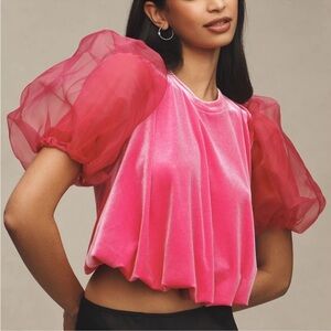 NWOT ANTHROPOLOGIE Maeve Pink Velvet Top with Puff Sleeves